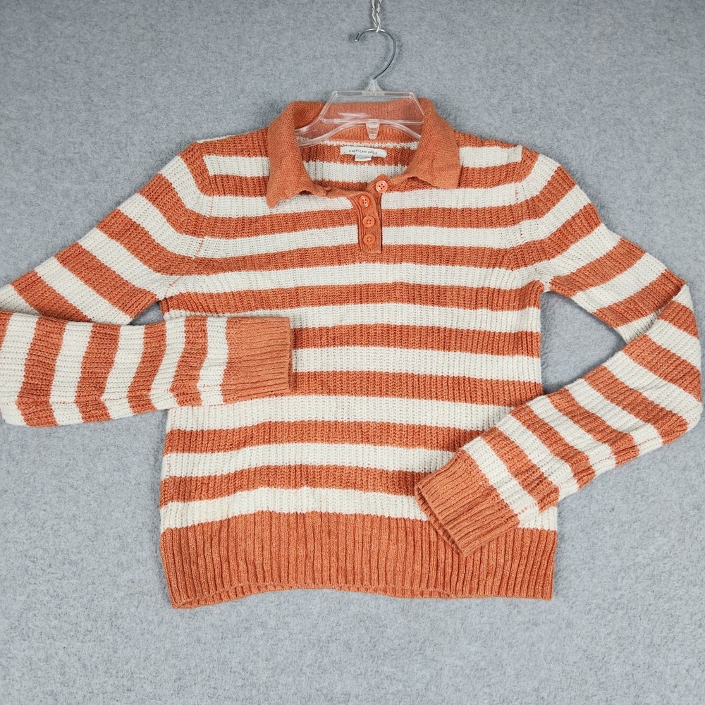 American Eagle Outfitters Polo Sweater Women XS Orange White Striped Ribbed Knit